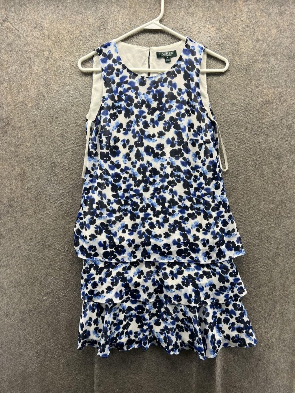 Lauren Ralph Lauren Dress Womens 0 Blue Floral Round Neck Sleeveless Ruffle
